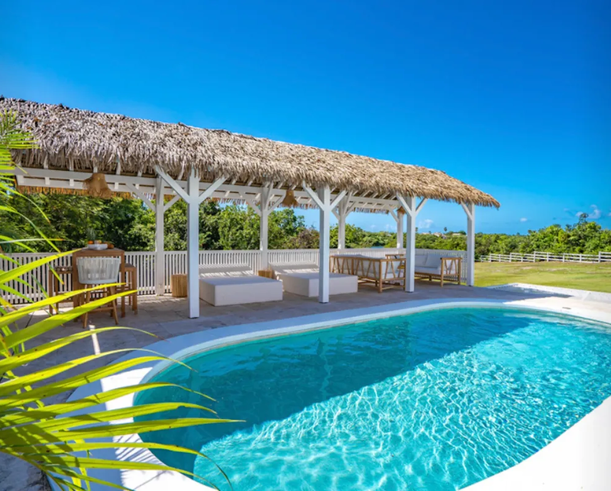 The pool and palm-thatched terrace