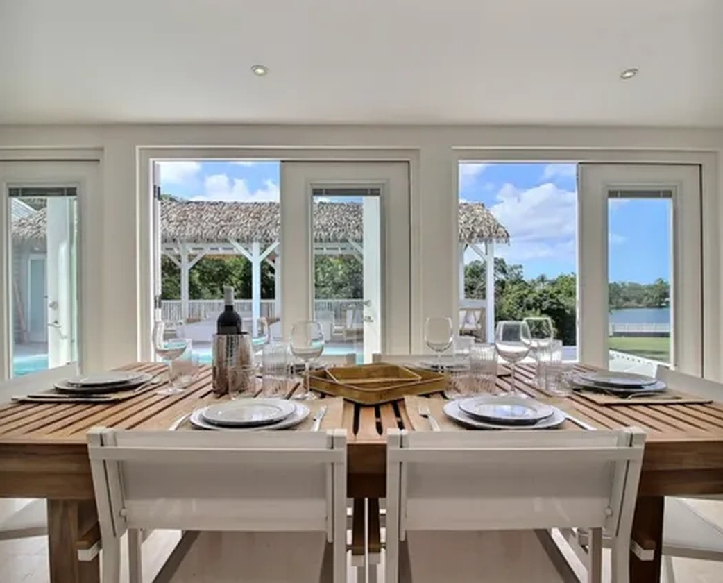 The patio table set for a meal